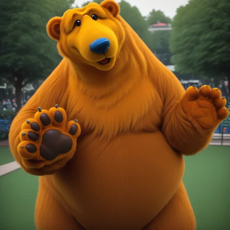 big bear, big belly, realistic, big figure, high quality, no nipples, blue nose, very tall, looking at viewer, waving hand paw, in a park