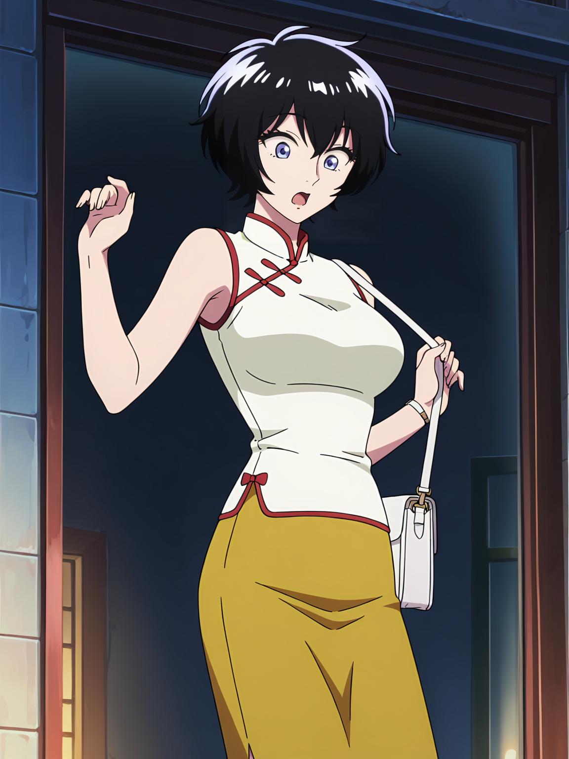 <lora:Reiko:0.6>, reiko, 1girl, solo, black short hair, blue eyes, white chinese dress, sleeveless, yellow high-waist pencil skirt, wristwatch, surprised, open mouth, about to fall, standing, hand up, bent arms, white purse on shoulder, full body, cropped legs, looking down, outdoors, glass door, wall, night