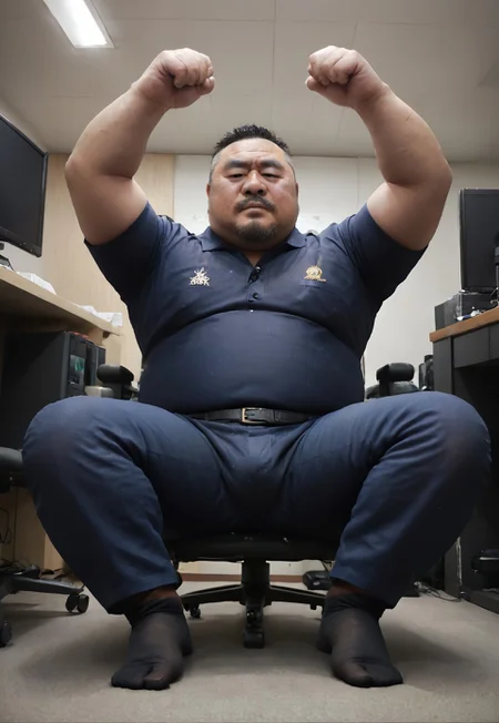 safe_pos, solo, , Chinese middle-aged man, overweight , full body, chubby, fat man, grandpa，Soujirou Marui, ((very short hair)),sparse, facial hair, math teacher, wearing Polo shirt, Polo shirt tucked into pants，dark blue trousers,tight Polo shirt, belt, heat, sweat stains, sweat all over, shame, ((grey groomtache)), bulge, ((((sitting on the office chair, serious)))), blush, drunk,  veins on arms, realistic, realistic lighting, intricate detail, photorealistic, ((below view，low angle))，fetish,((((wearing black nylon socks)))),fat foot, fat legs,foot view, arms up, hands on the hips,