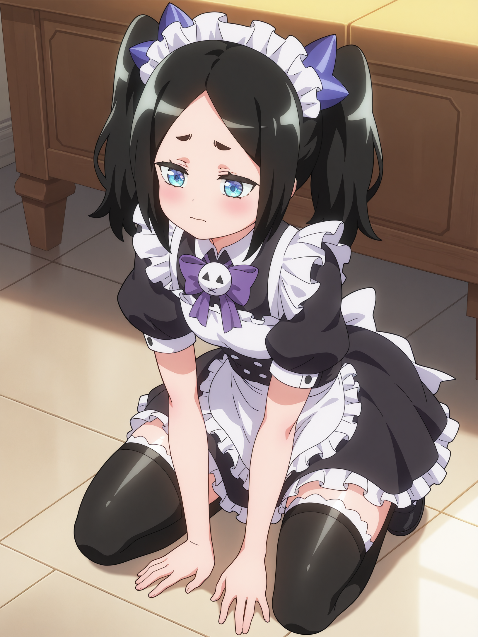 best quality,amazing quality,blue eyes,detailed eyes,solo,anime,<lora:Toxico Dannarv3:1>,toxico dannar,full body,maid,thighhighs,kneeling,