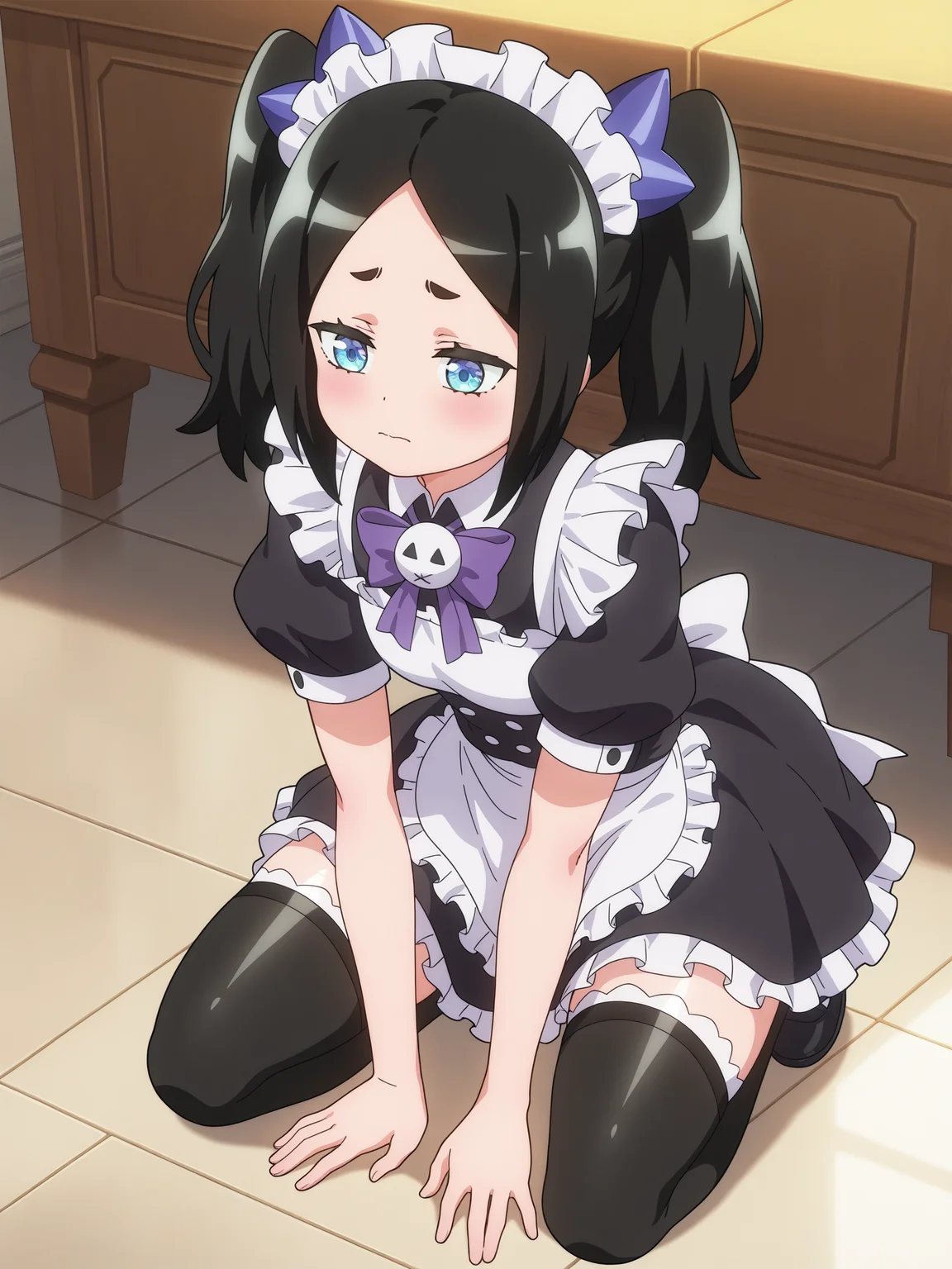 best quality,amazing quality,blue eyes,detailed eyes,solo,anime,<lora:Toxico Dannarv3:1>,toxico dannar,full body,maid,thighhighs,kneeling,