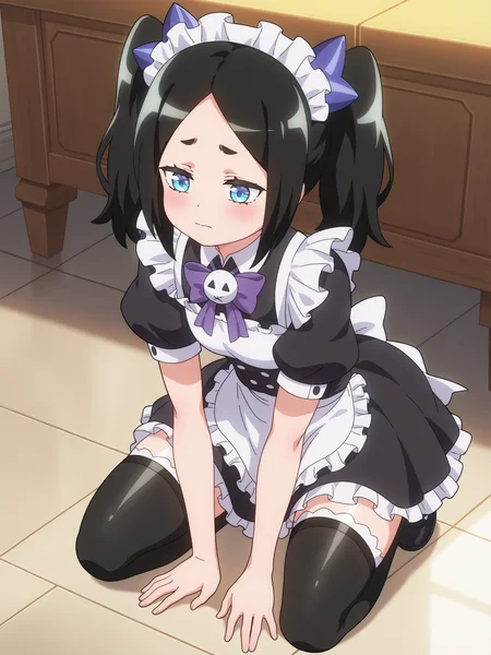 best quality,amazing quality,blue eyes,detailed eyes,solo,anime,<lora:Toxico Dannarv3:1>,toxico dannar,full body,maid,thighhighs,kneeling,