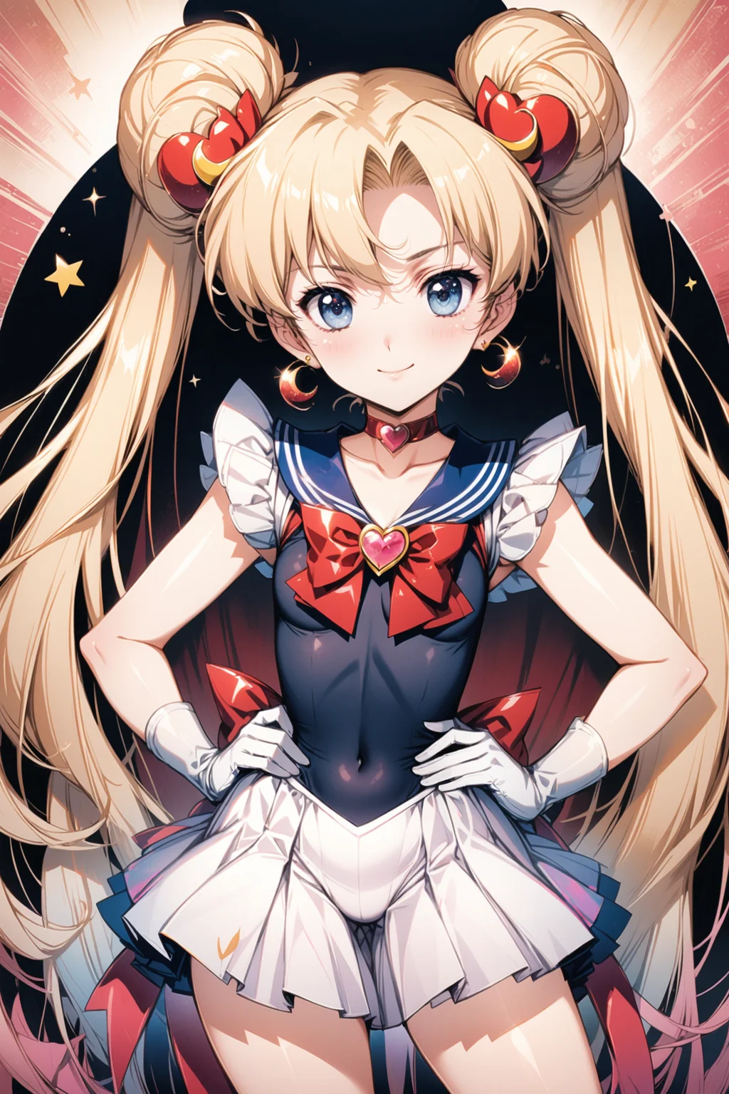 1girl, solo, gloves, long hair, tsukino usagi, white gloves, twintails, skirt, double bun, jewelry, sailor senshi uniform, blonde hair, sailor moon, hair bun, blue eyes, choker, earrings, magical girl, sailor collar, bow, hands on hips, looking at viewer, crescent, crescent earrings, hair ornament, smile, heart brooch, pleated skirt, collarbone, covered navel, brooch, cowboy shot, red bow, white skirt, bangs, star (symbol), sleeveless, heart, very long hair,<lora:flyx3_XL:1>,