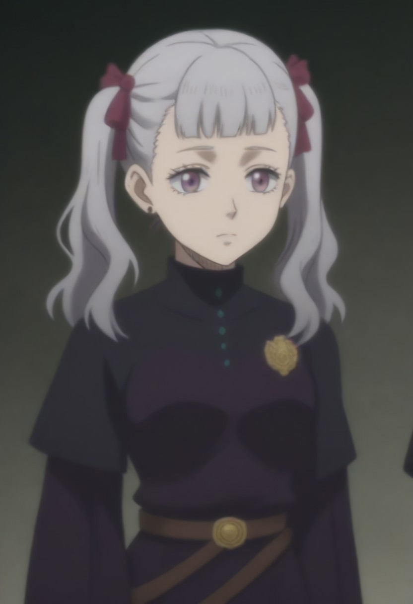 source_anime, anime screencap, source_anime, auratheguillotine, anime screencap, masterpiece, source_anime, shiny skin,,,,,,<lora:noellesilva-pdxl-nvwls-v1-000005:1> noelle silva, grey hair, purple eyes, twintails, hair ribbon, black capelet, green strap, white and purple dress, long sleeves, belt,
