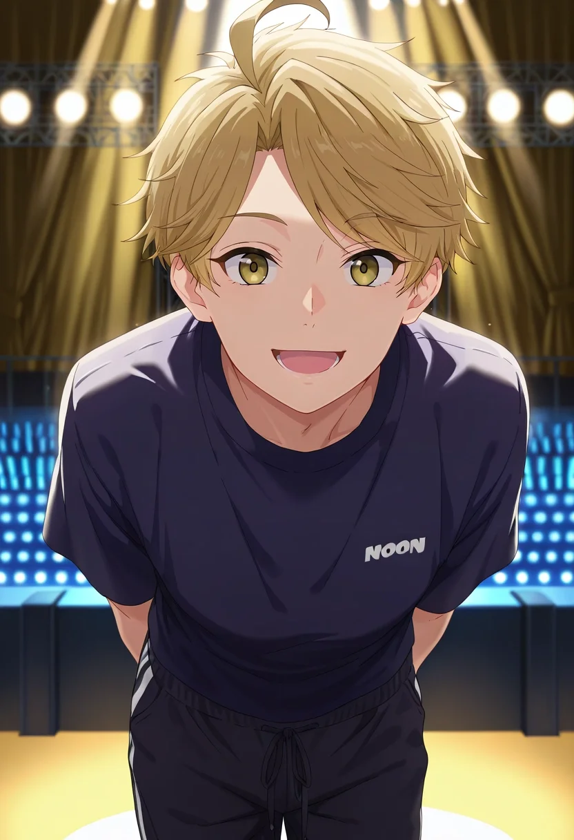 masterpiece, best quality, , semi-realistic, looking at viewer, 1boy, solo, male focus, <lora:yuuma_nikaidou_ilxl:1>, yuuma_nikaidou, blonde hair, yellow eyes, short hair, ahoge, focused, concert, stage, stage lights, idol, noon, leaning forward, :D, sweatpant,