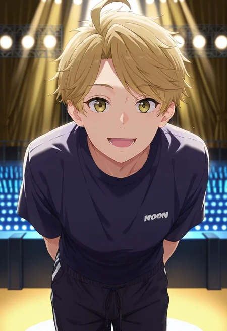 masterpiece, best quality, , semi-realistic, looking at viewer, 1boy, solo, male focus, <lora:yuuma_nikaidou_ilxl:1>, yuuma_nikaidou, blonde hair, yellow eyes, short hair, ahoge, focused, concert, stage, stage lights, idol, noon, leaning forward, :D, sweatpant,