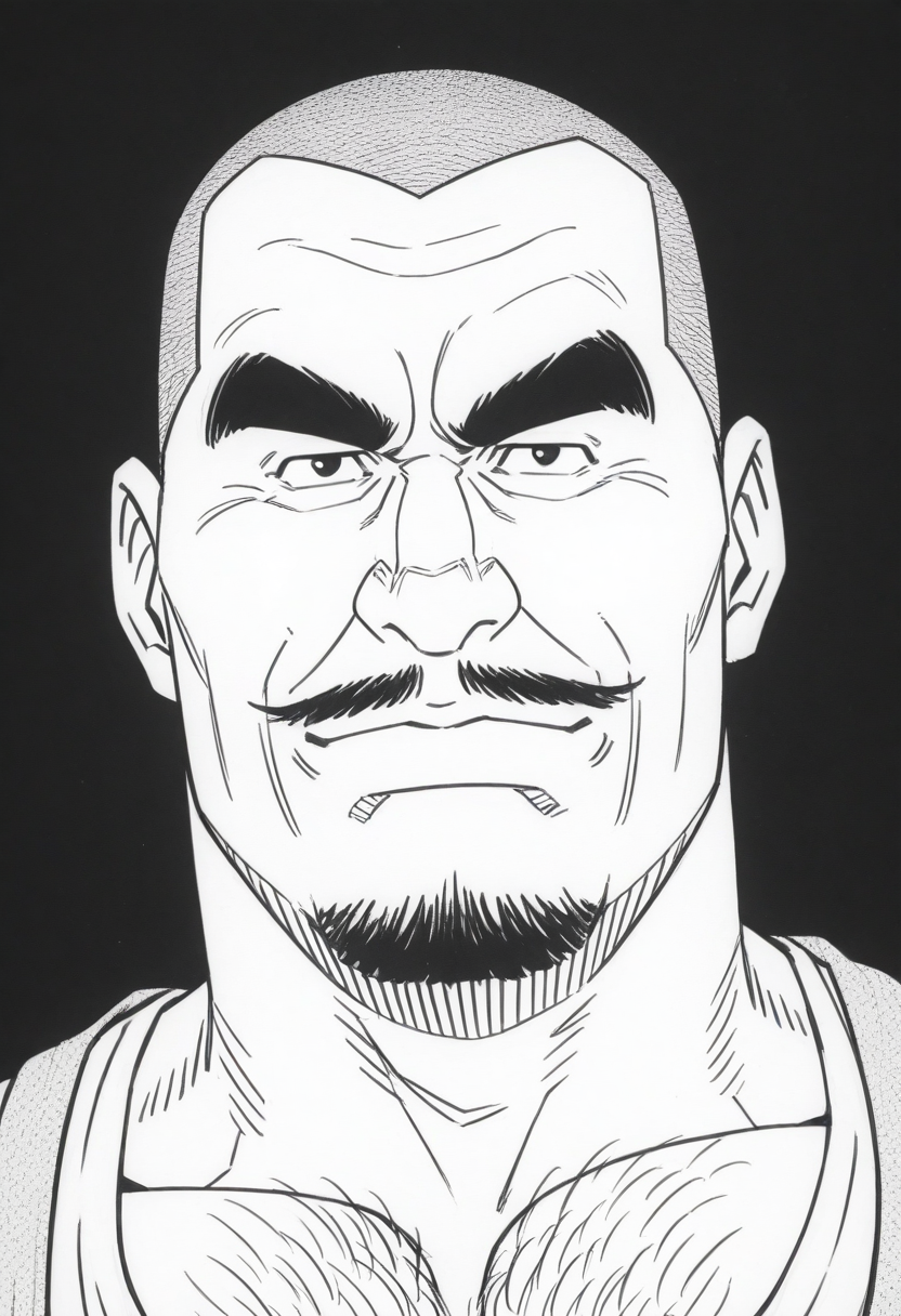 kenpei, greyscale, monochrome, buzz cut, male focus, 1boy, simple background, dark background, goatee, thick eyebrows, old man, portrait, looking at viewer, 
BREAK
best quality, masterpiece, very aesthetic, absurdres, highest detailed  <lora:Military_Policeman_from_Hikokumin_by_Gengoroh_Tagame_v0.2:1>