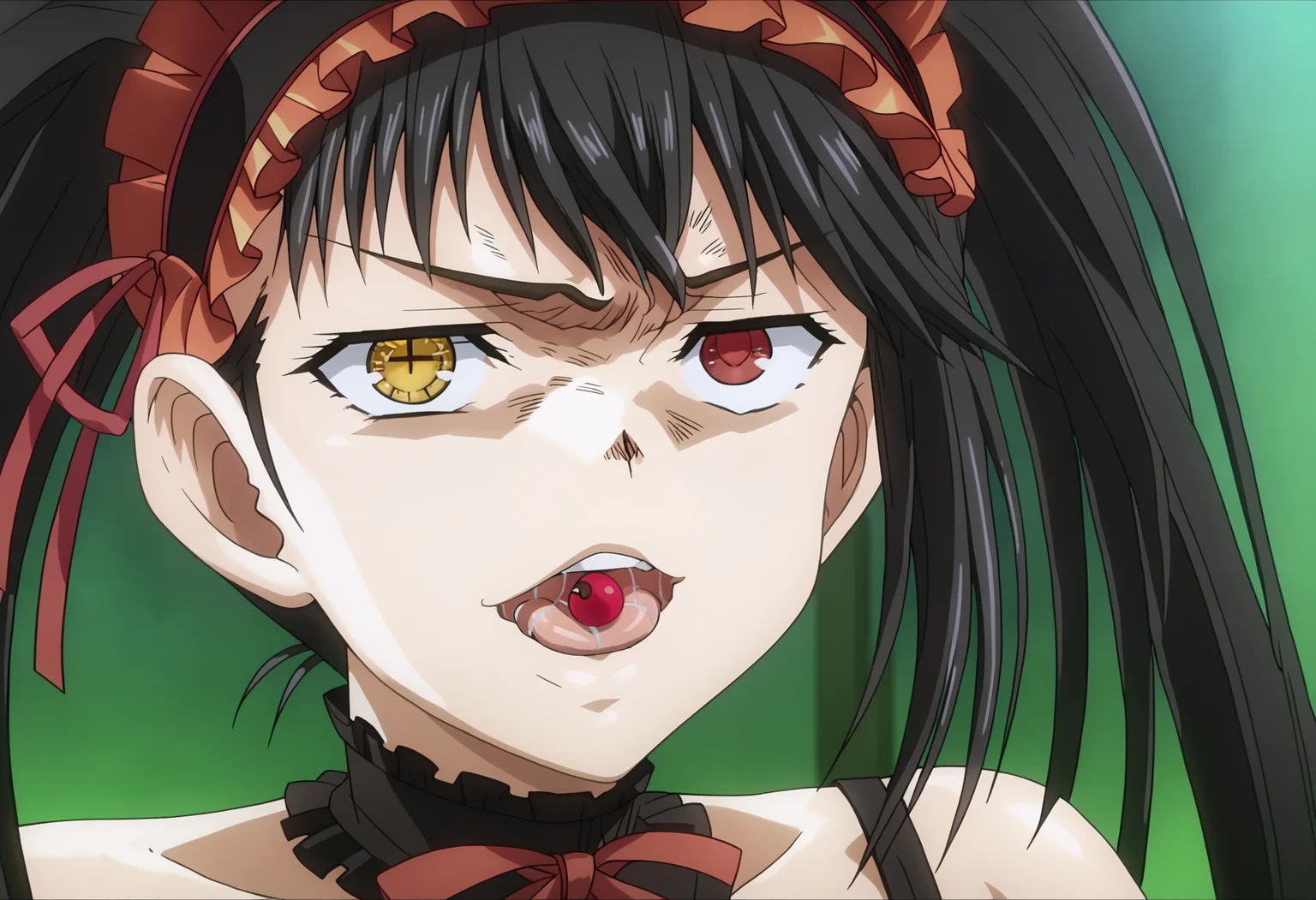 score_9, score_8_up, score_7_up, source_anime,
BREAK
<lora:shiReroVT1:0.9>, shirerocrazy, cross-eyed, tongue, cherry on tongue, saliva, tongue out, looking at viewer, open mouth, parody,
1girl, solo, anime screencap, anime coloring,
<lora:shiKurumiV2:1> kurdef, long hair, black hair, twintails, red eyes, yellow eyes, clock eyes, heterochromia, hairband, bare shoulders, detached sleeves, choker, red dress, cleavage, bow,