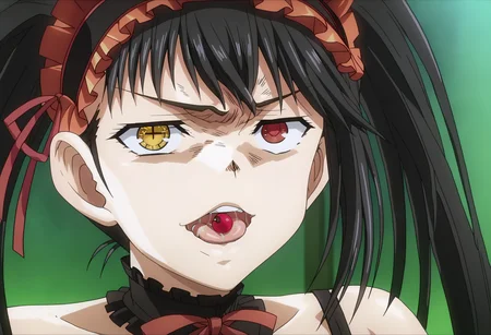 score_9, score_8_up, score_7_up, source_anime,
BREAK
<lora:shiReroVT1:0.9>, shirerocrazy, cross-eyed, tongue, cherry on tongue, saliva, tongue out, looking at viewer, open mouth, parody,
1girl, solo, anime screencap, anime coloring,
<lora:shiKurumiV2:1> kurdef, long hair, black hair, twintails, red eyes, yellow eyes, clock eyes, heterochromia, hairband, bare shoulders, detached sleeves, choker, red dress, cleavage, bow,