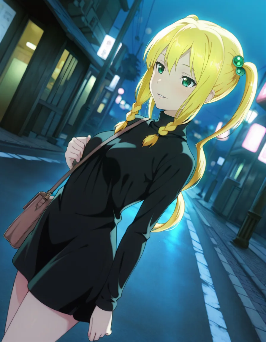turtleneck, shoulder bag, night, street, standing, cowboy shot, love gaze, parted lips, light smile <lora:Kodama_Himegami_LCD_v01:1> kodamahimegamilcd, braid, twintails, hair bobbles, blonde hair, green eyes, long hair,
dutch angle, depth of field, HDR, 8K, masterpiece,best quality,amazing quality, highest score,