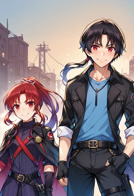 <lora:Misaki-Kurehito-Style-PonyXL:1>, score_9, score_7_up, source_anime, BREAK, smug smile, 1boy, red eyes, tsurime, black hair, parted bangs, hair intakes, ponytail, short hair with long locks, very long bangs, jacket on shoulders, black coat, dress shirt, sleeves rolled up, fingerless gloves, pants, belt, multiple belts, combat boots, shoulder holster, chest belt,