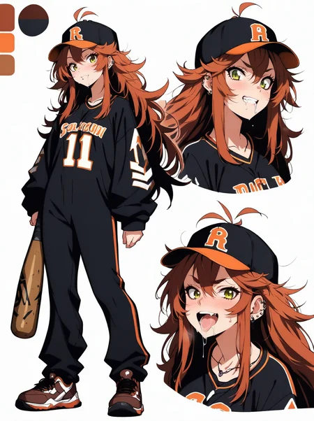 highres, hi res, best quality, masterpiece, intricate details, absurdres, 4k, anime coloring, anime screencap,, CharacterDesignIllustrious, reference sheet, simple white background, color guide, (multiple views), (full body),
1girl, brown long hair, bangs, piercing, messy hair, saliva drip, grabbing, blus, baseball bat, cap, baseball uniform,
<lora:CharacterDesignIllustrious_Concept-10V2:0.85>,