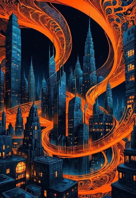 Distorted skyscrapers twist like (all dark hues and fine vibrant orange glowing  background, jewelry, sitting, trippy, 60s style, op art, dark blues and blacks, swirling patterns, hypnotic, art by
<lora:InkArtXL_1.2:0.4> <lora:FaeTastic:0.35> . award-winning, professional, highly detailed . extremely high-resolution details, photographic, realism pushed to extreme, fine texture, incredibly lifelike, high contrast, well defined .