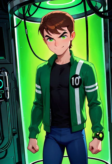 masterpiece, best quality, amazing quality, very aesthetic, absurdres, newest, detailed background,
solo, benuaf, 1boy, , open jacket, black shirt, long sleeves, thick eyebrows, angry,, wide face, wide head,
1boy, short hair,, brown hair, green jacket, blue pants, green eyes, green watch,
sci fi lab, smile, tools, stasis chamber, cables everywhere, fisheye lens