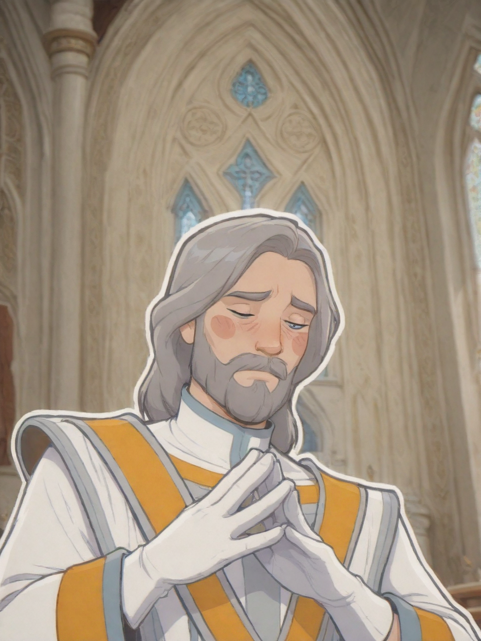 DukeOfSoleanna, 1boy, long elegant white robe, Dark boots, white gloves, blue eyes, gray hair, gray beard,solo,BSSPYCB,blush stickers,hands together,upper body,closed eyes,church,<lora:Duke of Soleanna:0.8>,<lora:PYCB:0.8>