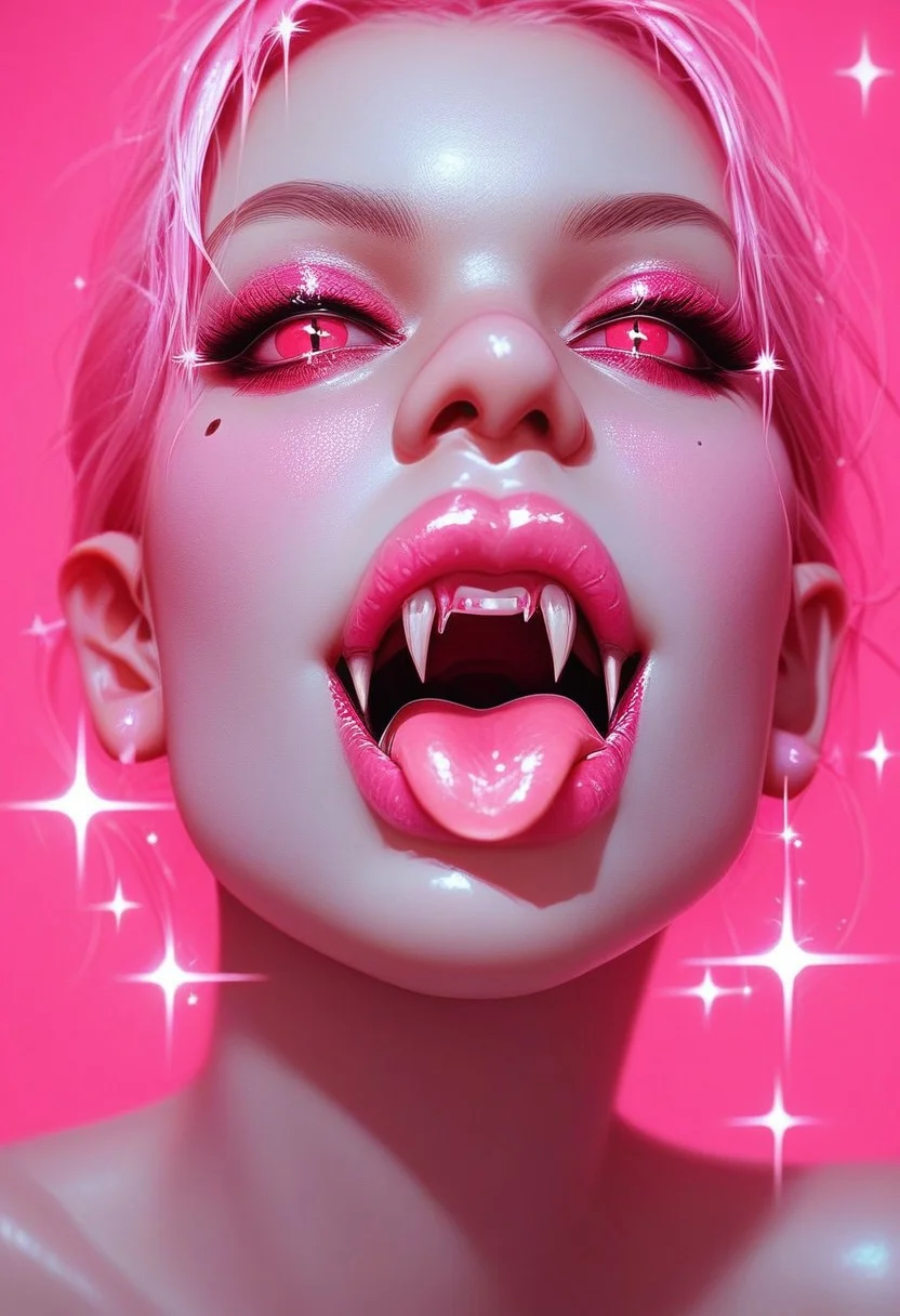 score_9, score_8_up, score_7_up,
c0l0r1f1c4t10np1nk,ColorificationPink,Colorification Pink, 1girl, solo, looking at viewer, open mouth, teeth, tongue, tongue out, mole, lips, sparkle, makeup, fangs, pink background, lipstick, close-up, nose, bat (animal), vampire