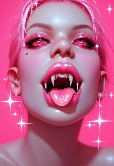 score_9, score_8_up, score_7_up,
c0l0r1f1c4t10np1nk,ColorificationPink,Colorification Pink, 1girl, solo, looking at viewer, open mouth, teeth, tongue, tongue out, mole, lips, sparkle, makeup, fangs, pink background, lipstick, close-up, nose, bat (animal), vampire