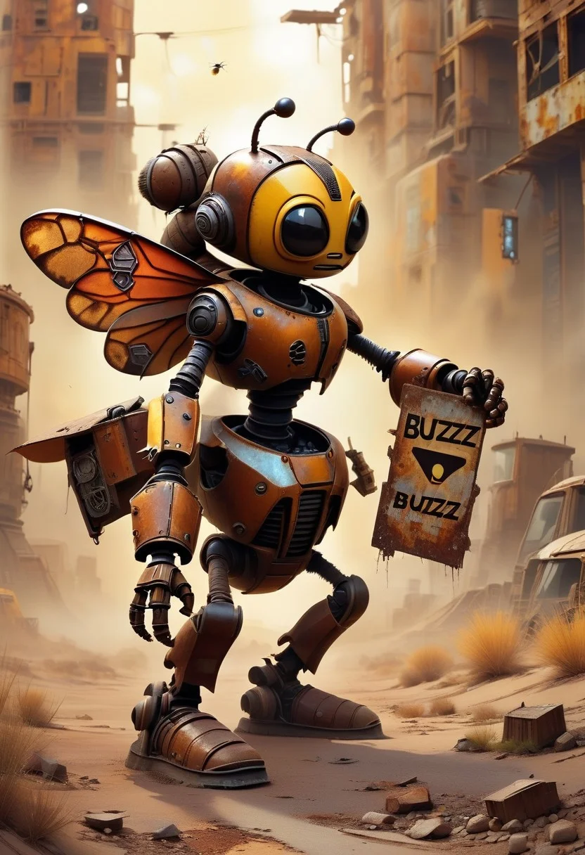 Happy Dancing rusted robot bee in a rusted post-apocalyptic world , holding a sign which reads “Buzzz”
dvr-rst
buzz