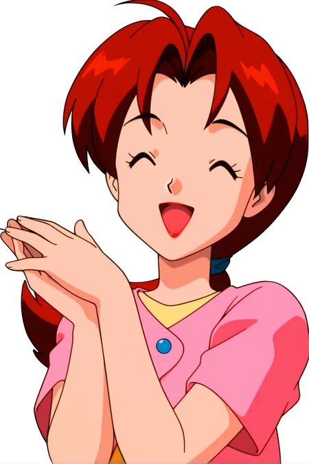 retro artstyle, 1990s \(style\), pokemon \(classic anime\), deliaca, 1girl, solo, long hair, smile, open mouth, simple background, shirt, brown hair, white background, upper body, closed eyes, short sleeves, :d, red hair, parted bangs, hands up, eyelashes, makeup, ^_^, hair intakes, happy, transparent background, own hands together, lipstick, facing viewer, pink shirt, outline, red lips, short hair, yellow shirt, mature female, delia ketchum
<lora:Delia_Ketchump_Classic_Anime:1>