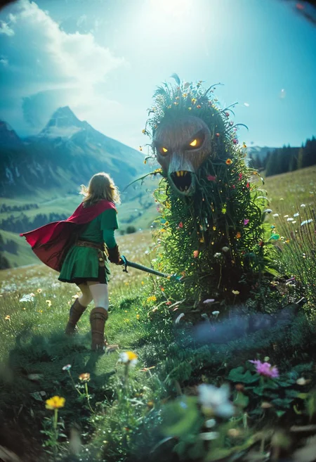 alpine mountain summit Bosstyle, Linkle Closeup portrait, a captivating vibrant dark impression of linke from zelda, short sss skirt, high wooly stockings, adult moody, blue sky, colorful flower alpine meadow, fighting giant translucent flower meadow deku-boss on a high mountain summit, windy leafs flying around, capturing the essence of a cyborg linkle from zelda in fight stance, defying expectations by conjuring a oversized wooden translucent colorful deku mask. ethereal, atmospheric haze, Film grain, cinematic film still, shallow depth of field, highly detailed, high budget, cinemascope, moody, epic, OverallDetail, gorgeous, 2000s vintage RAW photo, photorealistic, candid camera, color graded cinematic, eye catchlights, atmospheric lighting, skin pores, imperfections, natural, shallow dof,
In the depths of this nocturnal tableau lies the promise of exploration and discovery, where the spirit of the fight girl vs. translucent bright windspirit winged monster converges with the boundless possibilities of the cosmos.