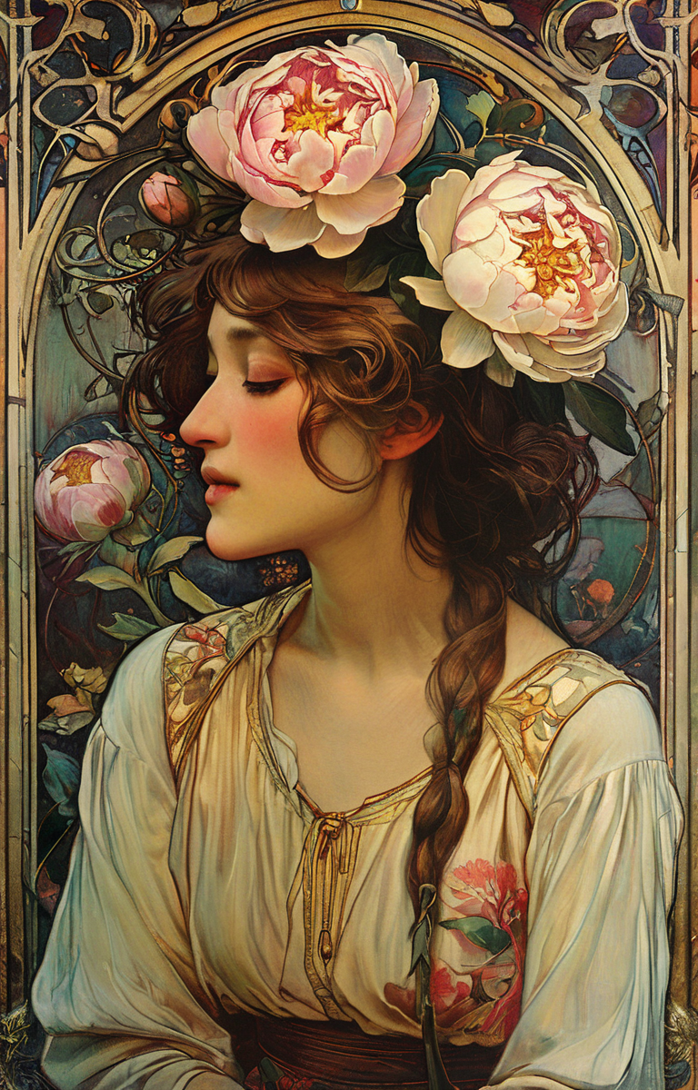 masterpiece,best quality,<lora:tbh200-sdxl:0.9>,illustration,style of style of Alphonse Mucha decaying peonies