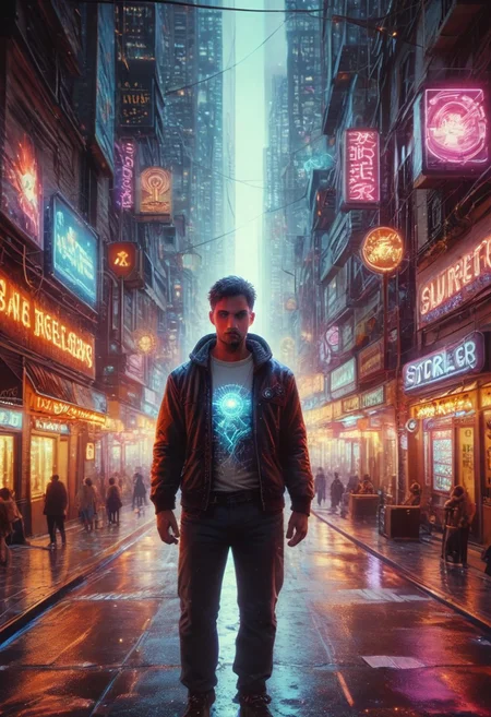 score_9,score_8_up,score_7_up, A soon to be unemployed blue robot, 1 man, futuristic cyberpunk cityscape background, neon lights and brightly lit marquees, wet streets reflect the neon glow of the city, analog photography, ultrarealistic, hdr, Cyberspace, psych3delic