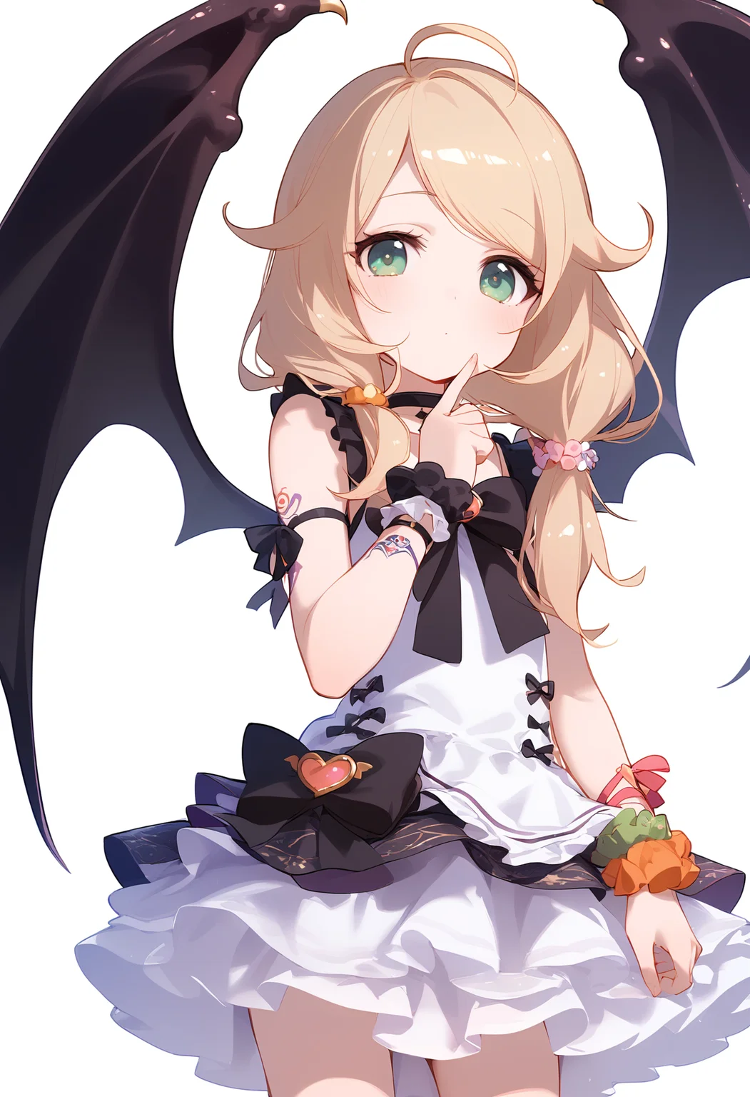 1girl,
yusa kozue,
ahoge, blush, leg ribbon, wrist scrunchie, sleeveless dress, looking at viewer, low twintails, frilled dress, tattoo, choker, twintails, scrunchie, short dress, dress, closed mouth, expressionless, wings, bow, bare arms, blonde hair, hair ornament, solo, arm ribbon, hand to own mouth, hand up, sleeveless, green eyes, bowtie, long hair, white dress, ribbon, frills, black choker, bat wings, white background, cowboy shot, layered dress,
sfw
<lora:a31_char_new_yusa_kozue-000010:1> <lora:a31_style_koni-000010:0.8>