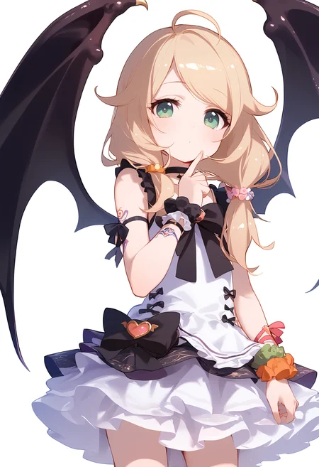 1girl,
yusa kozue,
ahoge, blush, leg ribbon, wrist scrunchie, sleeveless dress, looking at viewer, low twintails, frilled dress, tattoo, choker, twintails, scrunchie, short dress, dress, closed mouth, expressionless, wings, bow, bare arms, blonde hair, hair ornament, solo, arm ribbon, hand to own mouth, hand up, sleeveless, green eyes, bowtie, long hair, white dress, ribbon, frills, black choker, bat wings, white background, cowboy shot, layered dress,
sfw
<lora:a31_char_new_yusa_kozue-000010:1> <lora:a31_style_koni-000010:0.8>
