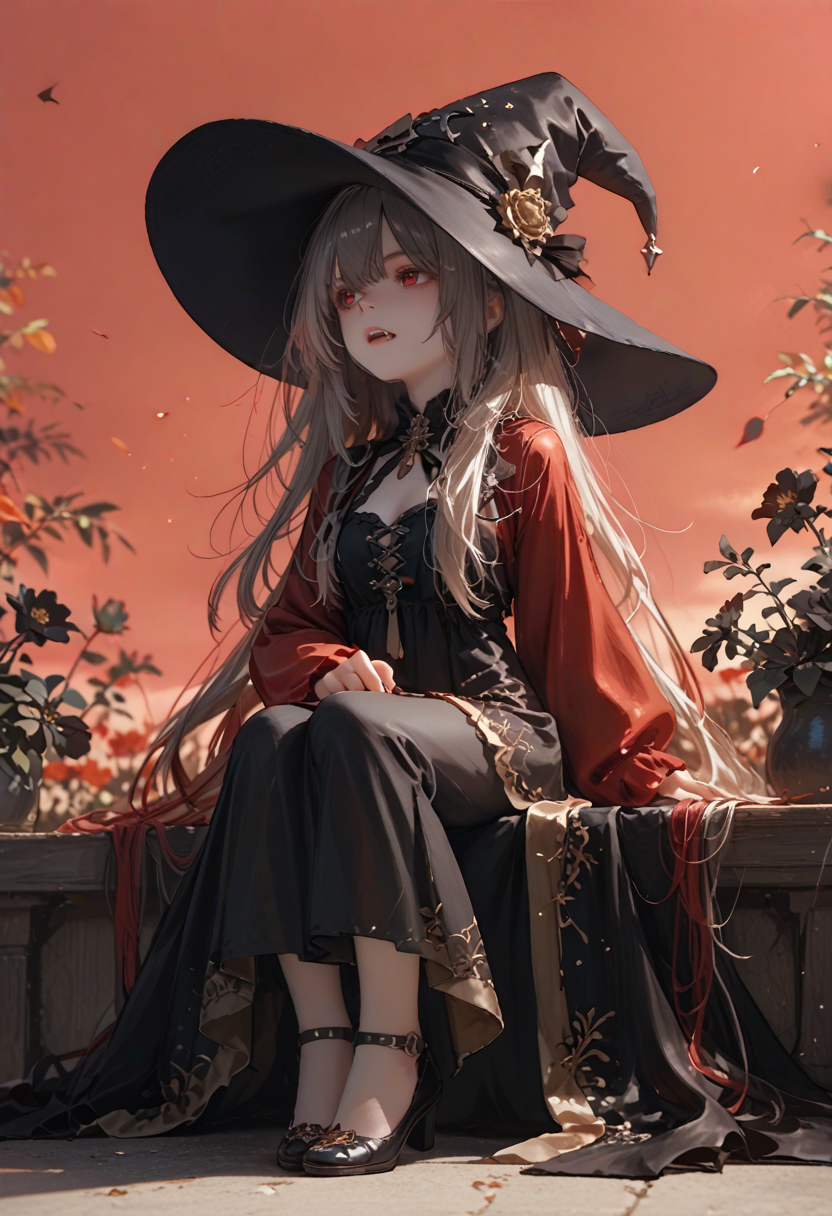 score_9, score_8_up, score_7_up, lvthn, a witch girl, adult, witch hat, fangs, sitting_sideways, full body, red sky, black flowers, looking away, clothes with golden embroidery, <lora:p-skin:1> <lora:sdxl_lightning_8step_lora:1> <lora:LVTHN:1,0,0,0,0,0,0,1,0,0,0,0>