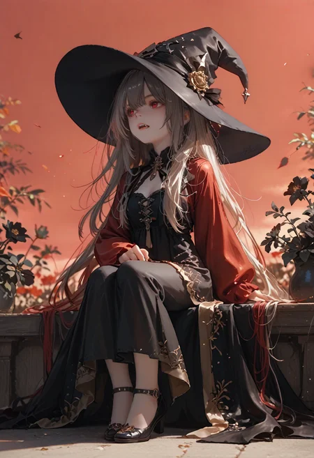 score_9, score_8_up, score_7_up, lvthn, a witch girl, adult, witch hat, fangs, sitting_sideways, full body, red sky, black flowers, looking away, clothes with golden embroidery, <lora:p-skin:1> <lora:sdxl_lightning_8step_lora:1> <lora:LVTHN:1,0,0,0,0,0,0,1,0,0,0,0>