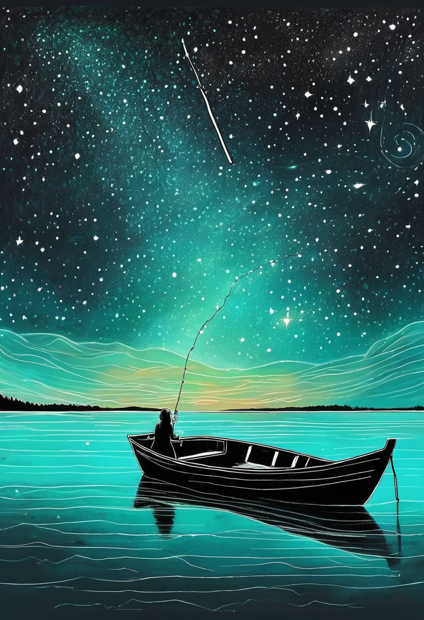 Hand drawing with pastel watercolors of a girl sitting in a small wooden boat fishes for stars in a turquoise lake as if they were dreams she would be pleased to capture.
Bioluminescent stardust spreads from the girl head up into the black night sky.
The stars in the lake and on the fishing rod are the only source of low luminetric ligths in this scene besides the stardust.
<lora:add-detail-xl:0.60>, <lora:xl_more_art-full_v1:0.40>, <lora:wowifierXL:0.50> art by mooncryptowow, <lora:LineAniRedmondV2-Lineart-LineAniAF:0.8> lineart, LineAniAF, <lora:caogao:0.8> sketch