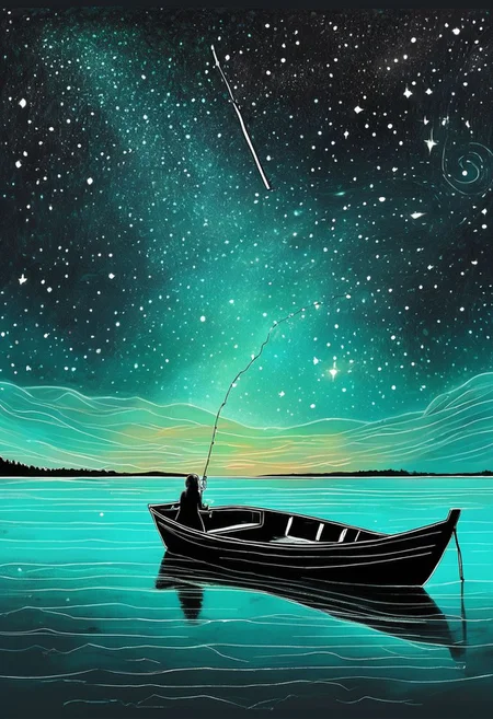 Hand drawing with pastel watercolors of a girl sitting in a small wooden boat fishes for stars in a turquoise lake as if they were dreams she would be pleased to capture.
Bioluminescent stardust spreads from the girl head up into the black night sky.
The stars in the lake and on the fishing rod are the only source of low luminetric ligths in this scene besides the stardust.
<lora:add-detail-xl:0.60>, <lora:xl_more_art-full_v1:0.40>, <lora:wowifierXL:0.50> art by mooncryptowow, <lora:LineAniRedmondV2-Lineart-LineAniAF:0.8> lineart, LineAniAF, <lora:caogao:0.8> sketch