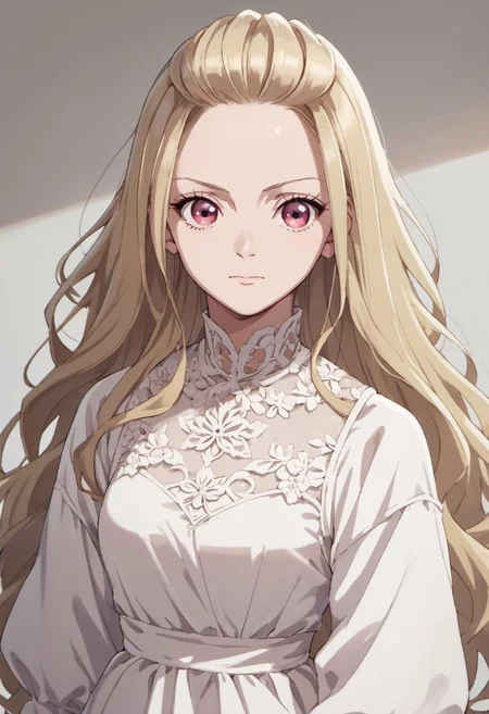 score_9, score_8_up, score_7_up, source_anime, saimori kaya, long hair, blonde hair, pink eyes, 1girl, solo, looking at viewer, dress, closed mouth