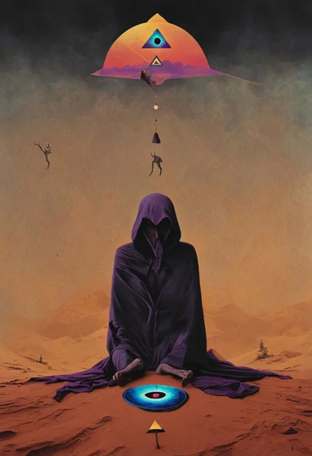 Tarot card design for the magician card with Robert Anton Wilson as the magician, in the desert with a pyramid in the background with an eye looking at the magician, mandala, golden Apple, dark vaporwave color palette, Perfect Hands, 3l3ctronics