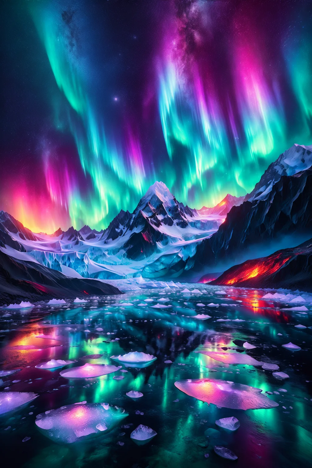 glacial fjord with luminous ice, morph-aurora, volcanic plains with glowing lava, detailed background, best quality, vibrant colors, photorealistic style, high detail, hyper-realistic, highres, 4K resolution, realistic photo, masterpiece, ultra-detailed, cosmic shine, teals and magentas, soft glow, close-up shot, <lora:add-detail-xl:1> <lora:aurora_0_100_V1-000009:0.65>