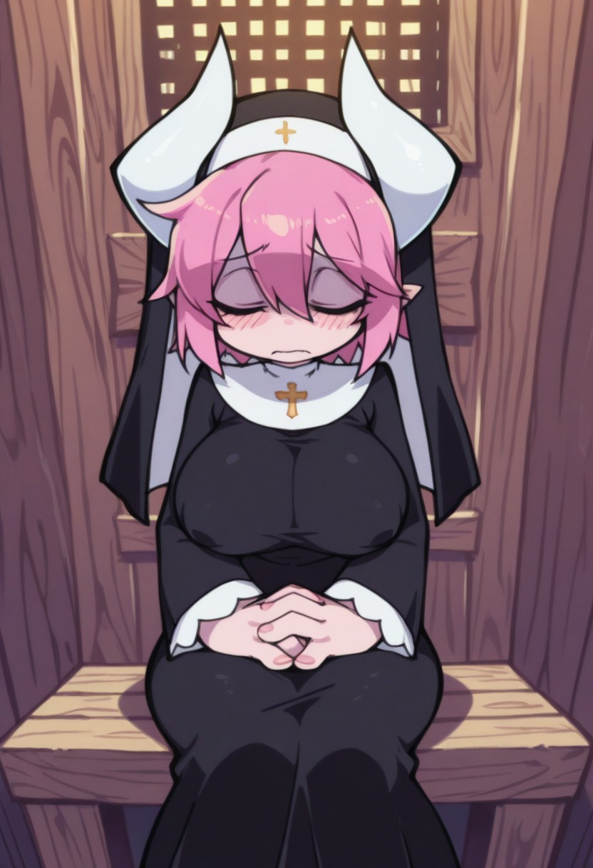 masterpiece, best quality, highres, c0nf3510n4l,
1girl, pale skin, pink hair, short hair, messy hair, bags under eyes, black eyeliner, (white demon horns), short pointy ears, slender body, huge saggy breasts, puffy nipples, (embarrassed), 
traditional nun, dress, wearing a cross, covered nipples,
sitting, hands together, praying, eyes closed, perfect lighting,
c0nf3510n4l, small wooden room, confessional booth, (both walls on sides of picture, small cramped wooden box interior, touching both walls), small wooden room, wooden grating, ornate, wooden bench built into wall,
(gloryhole in left wall),