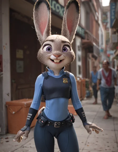 score_9, score_8_up, score_7_up, Judy Hopps,, rabbit ears, purple eyes, buck teeth <lora:V2:0.8> small breasts, cameltoe, realistic textures,
