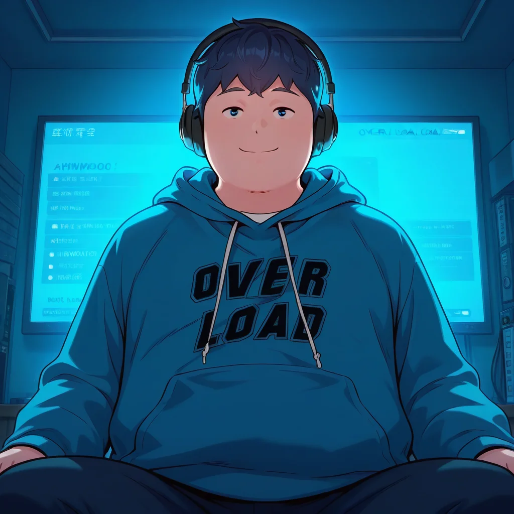 luminous lighting, masterpiece, amazing quality, best quality, cinematic ambience, very aesthetic, high quality, hdr, 8k, glowing detailed, <lora:ahwmc-sangwoo-v1-09:1> ahwmc-sangwoo, 1boy, chubby, blue hoodie, sitting, headphones, dark, blue theme, monitor, indoors, smile, chest_text, split_text, "over"_\(text\), "load"_\(text\), dynamic pose, straight-on,
