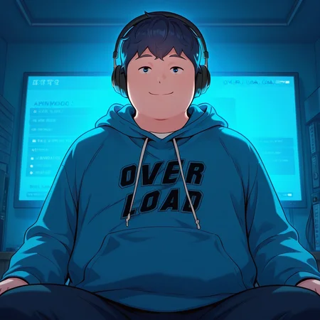 luminous lighting, masterpiece, amazing quality, best quality, cinematic ambience, very aesthetic, high quality, hdr, 8k, glowing detailed, <lora:ahwmc-sangwoo-v1-09:1> ahwmc-sangwoo, 1boy, chubby, blue hoodie, sitting, headphones, dark, blue theme, monitor, indoors, smile, chest_text, split_text, "over"_\(text\), "load"_\(text\), dynamic pose, straight-on,