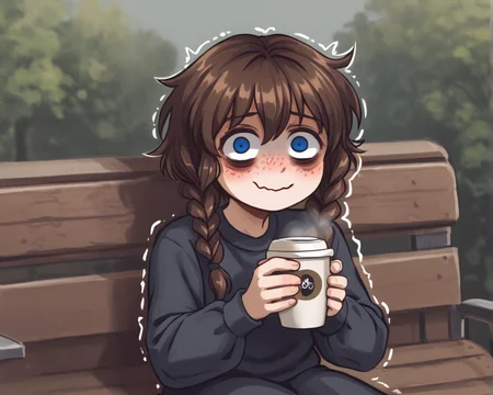 solo, cute, short hair, shy, (open wavy mouth:1.2), blushing, arms close to chest, looking at viewer, shaking, worried, (Bags under eyes:1.2) gothgalshaded face, , unsure worried smile, unhappy, depressed, bags under eyes, wavy mouth smile, drinking coffee, brown hair, braids, freckles, blue eyes, trembling, sitting, bench, outdoors<lora:1picture_style2_ForPony:1>