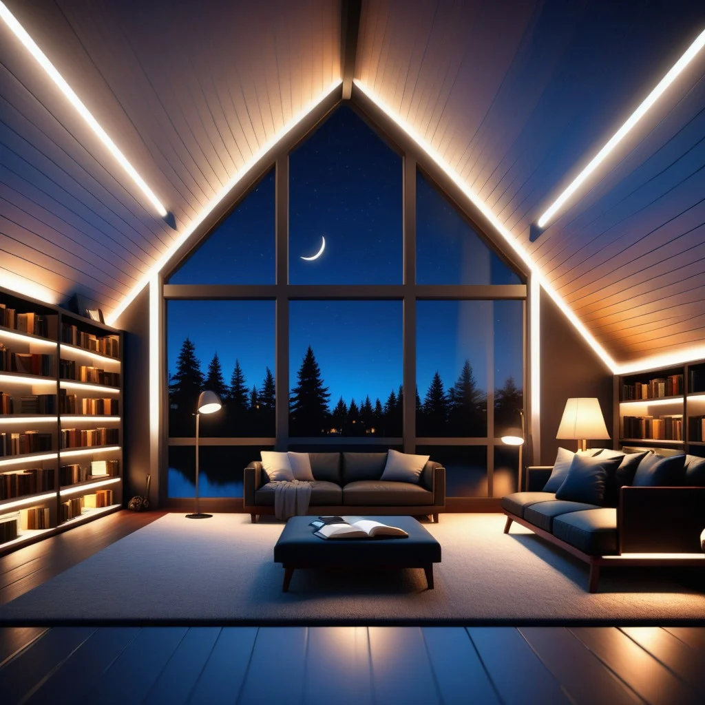 a Jed-Modern Attic , nightsky, masterpiece, full of details,ambient light, lamp lights, black bear rug, bookshelves, leather sofas, loft bed, photorealistic, sharp and in focus <lora:ModernInteriorSDXL:0.7>