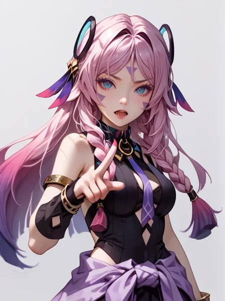 score_9,score_8_up,score_7_up,citlali,1girl,black gloves,open mouth,purple necktie,partially fingerless gloves,looking at viewer,black leotard,gradient hair,lower teeth only,notice lines,armlet,bracelet,jewelry,medium breasts,parted bangs,white background,pointing at viewer,hand on own hip,bare shoulders,twin braids,black shirt,hair intakes,elbow gloves,single fingerless glove,simple background,index finger raised,sleeveless,v-shaped eyebrows,facepaint,single elbow glove,black nails,clothes around waist,gradient background,multiple braids,nail polish,<lora:citlali_genshin_impact_pdxl_goofy:1>,citlali,long hair,facial mark,blue eyes,twin braids,