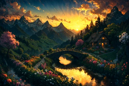 Imagine a serene landscape set during the golden hour, with the sun casting its warm glow over a picturesque village nestled in the rolling hills of the countryside. In the foreground, a crystal-clear stream meanders through lush green fields dotted with wildflowers of every hue, reflecting the vibrant colors of the sky as day transitions to evening. An ancient stone bridge spans the stream, leading to the village where quaint cottages with thatched roofs and flowering vines climbing up their walls emit a welcoming glow from their windows. In the distance, majestic mountains stand guard, their peaks just catching the last light of the sun. This tranquil scene is alive with the sounds of nature: the gentle flow of water, the soft rustle of leaves in the breeze, and the distant call of birds heading home. The whole composition invites the viewer into a timeless moment of peace and beauty, untouched by the rush of modern life. <lora:Lost_In_Dreams:0.7> <lora:xl_more_art-full_v1:0.6>, (masterpiece:1.2), best quality, (hyperdetailed, highest detailed:1.2), high resolution textures