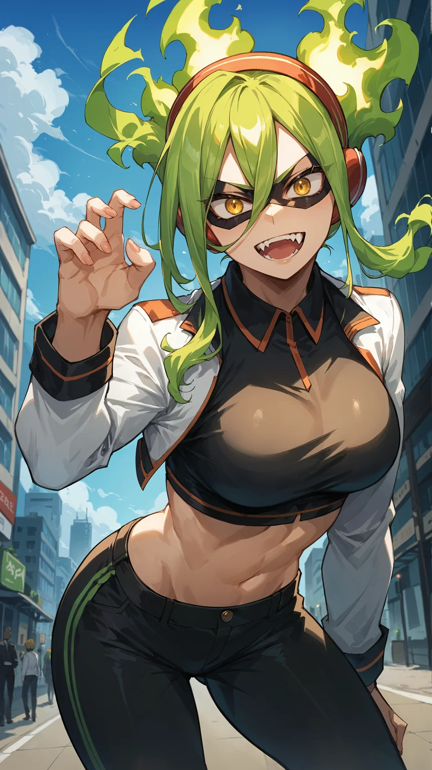 score_9,score_8_up,score_7_up,score_6_up, <lora:xl_more_art-full_v1:0.5>, source_anime, girl, dynamic pose, bent over, <lora:Moe Kamiji (Burnin) - Pony-000004:0.8>, green hair, fiery hair, yellow eyes, black mask, domino mask, headphones, fangs, black top, crop top, midriff, jacket on shoulders, black pants, suit pants, city, white jacket,