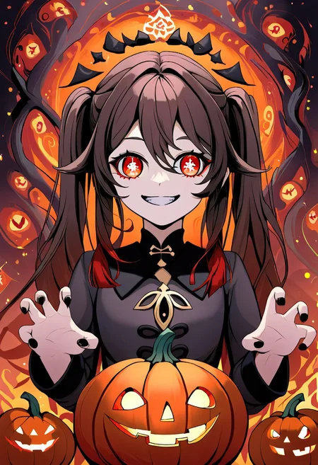 score_9, score_8_up,source_anime,
(scenary:1.2), Dynamic light, looking at viewer, zzPumpkinHouse, occultoculi, Hu_Tao_(Genshin_Impact), cute, evil smile, @_@ , red eyes, brown hair, long hair, twintails, symbol-shaped pupils, scary pumpkin costume, ruffles, standing, upper body, claw hands, nails Black | Orange ,, Halloween background, pumpkins, Pumpkin Lights,,