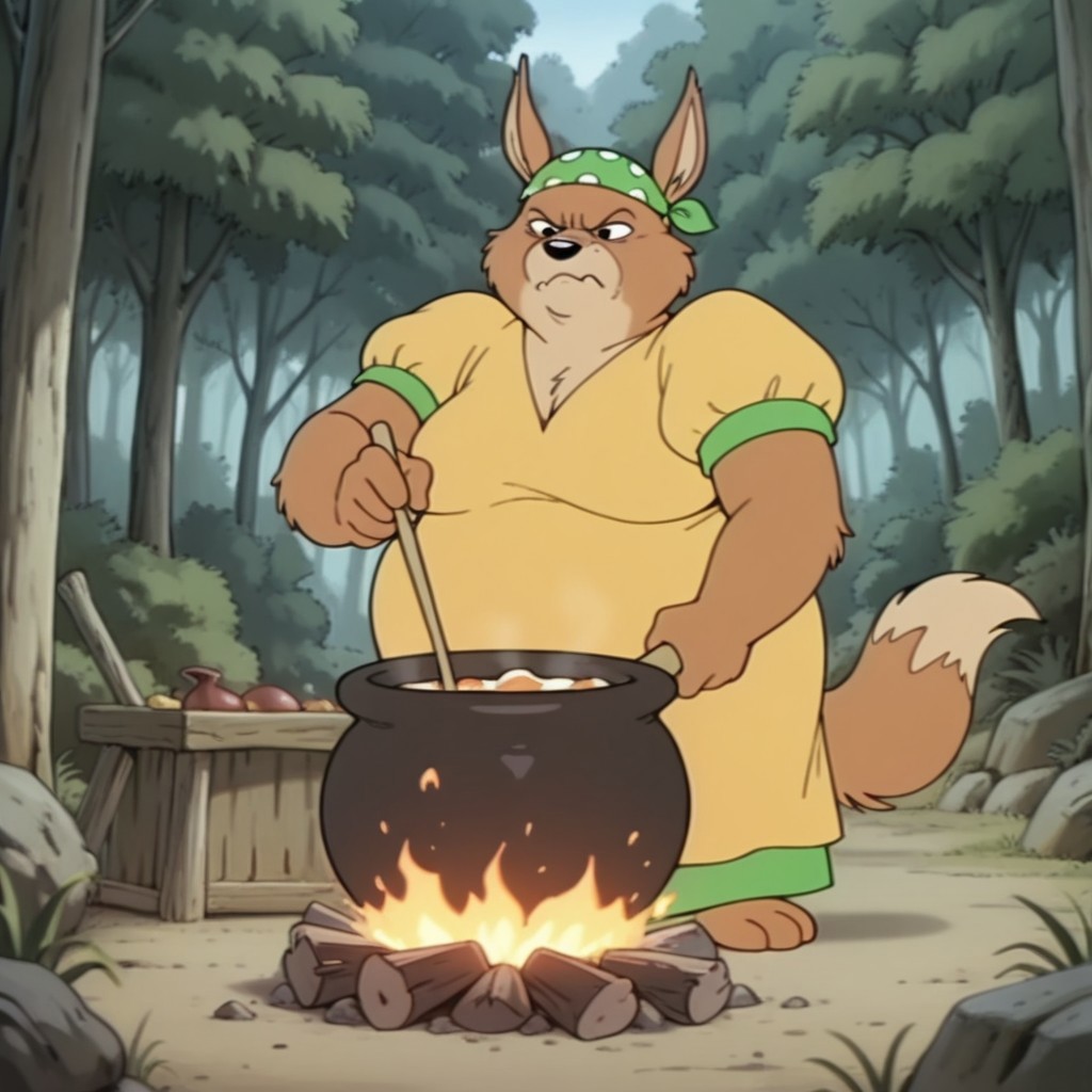 masterpiece, best quality, amazing quality, madingoil, semi-anthro, female, dingo, brown fur, black eyes, tail, yellow dress, green trim, green bandana, white dots, forest, cooking, 1girl, fat, grumpy
