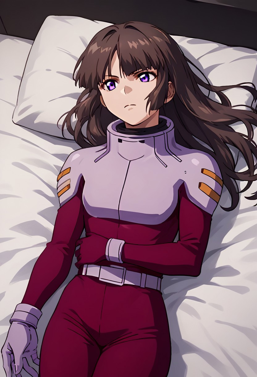 score_9, score_8_up, score_7_up,source_anime,lying on bed,shiho, brown long tieds hair with bangs, purple eyes,red bodysuitpilotsuit, belt
