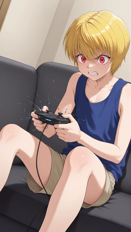 masterpiece, best quality, amazing quality, 1boy, solo,  <lora:IlluKurapika:1> illukurapika, blonde hair, short hair, red eyes, indoors, shorts, tank top, ragequit, angry, crushing controller, sitting,