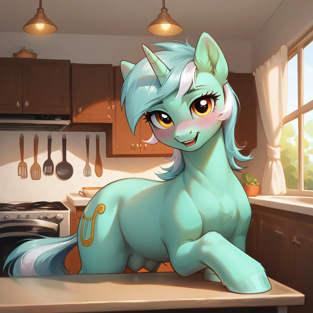 source_pony, score_9, score_8_up, score_7_up, score_6_up, Expressiveh, detailed, realistic, my little pony, Lyra Heartstrings, mare, pony, feral pony, teal colored fur, (ponyville:0.1), (kitchen:1.2), indoors,
pleading expression, (sitting on kitchen table:0.9), sexy pose, close-up view, blushing, small equine teats, crotchboobs, dark genitals, close-up on teats, covering teats with her hoof, looking at viewer
