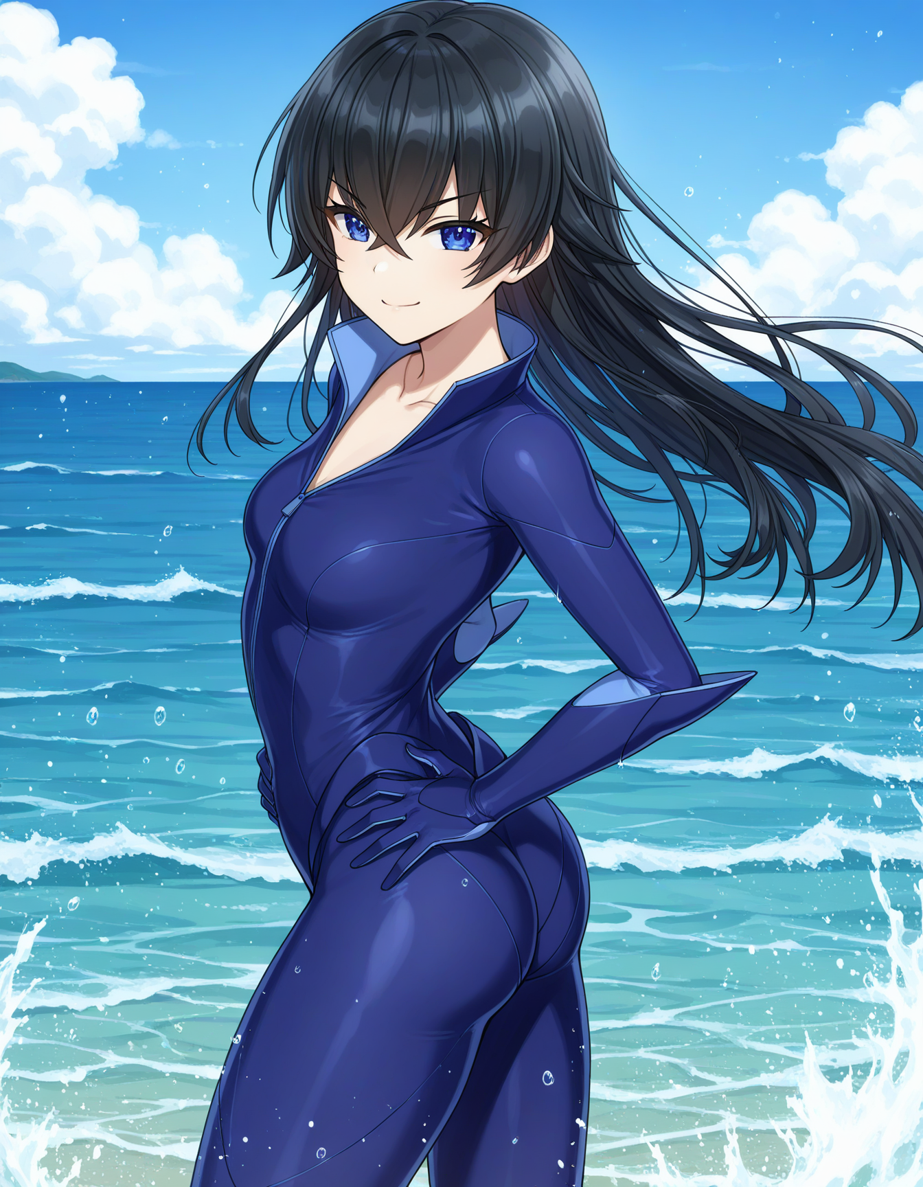 1girl, solo, hagane otsuki, black hair, long hair, hair between eyes, blue eyes, v-shaped eyebrows, smile, closed mouth, Otsuki_Uniform, blue bodysuit, collarbone, elbow parts, zipper, light theme, standing, hands on hip, twisted torso, looking at viewer, from side, blue sky, cloud, sea, waves, water splash, outdoors <lora:hagane_otsuki_ilxl_v1-1:0.8>